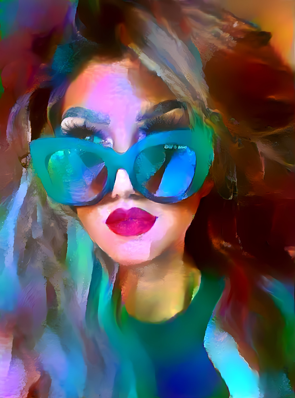 model in sunglasses, iridescent retexture