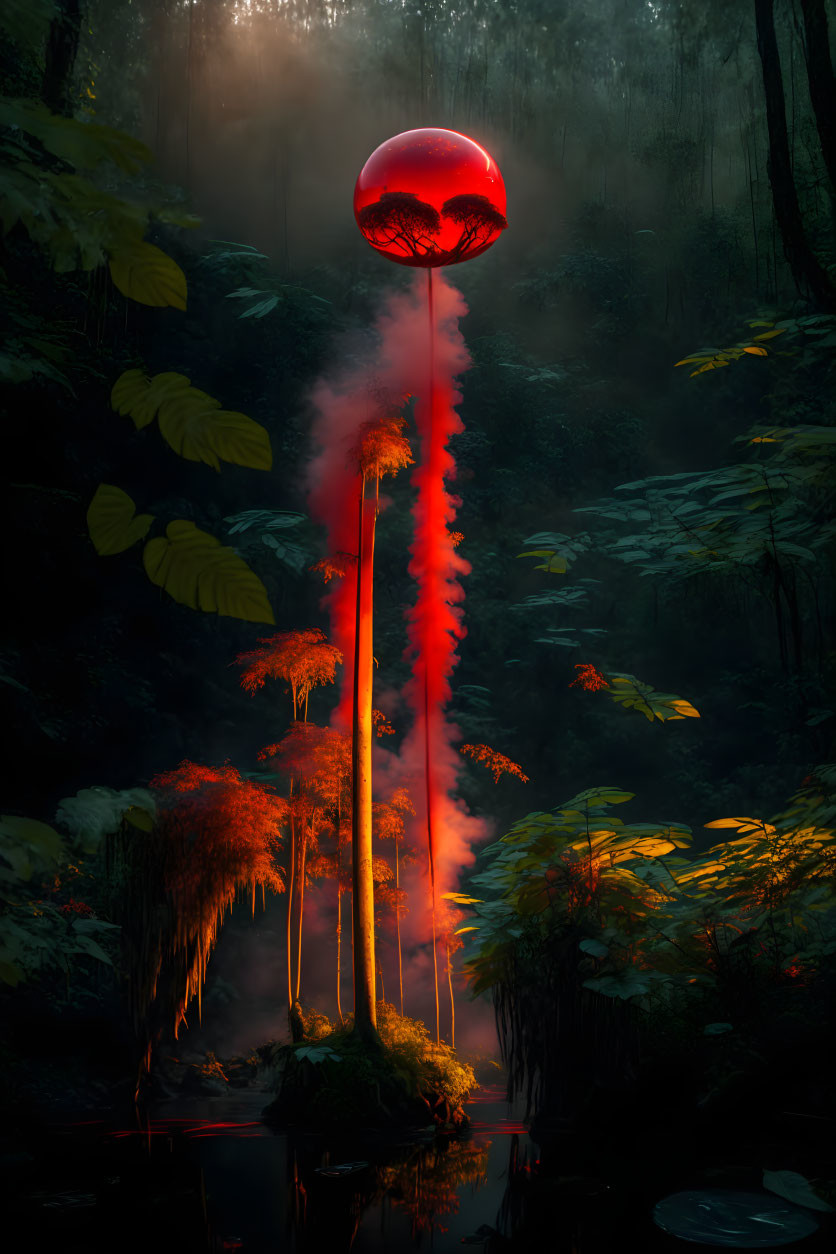 red jungle orb sunset steam, long shadows, surreal