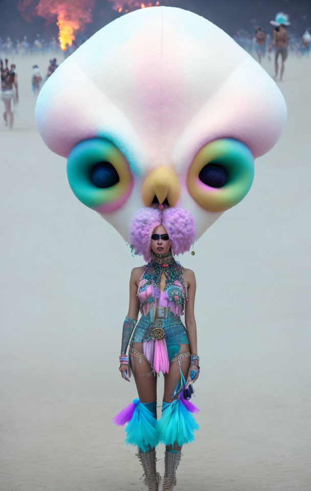 Colorful Owl Mask Costume Worn in Desert Setting
