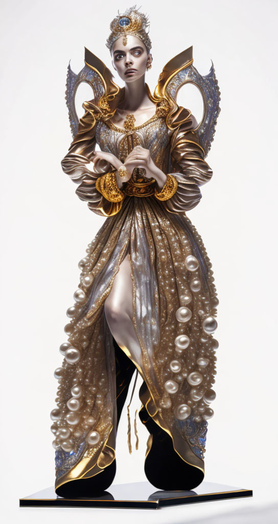 Elaborate regal costume with gold and pearl accents