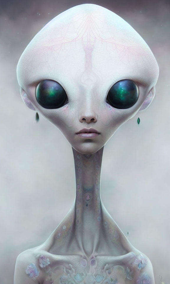 Digital artwork: Alien with large head, black eyes, green irises, slender neck with floral patterns