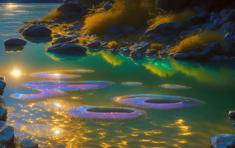 golden sunlight on water, reflections wet stones