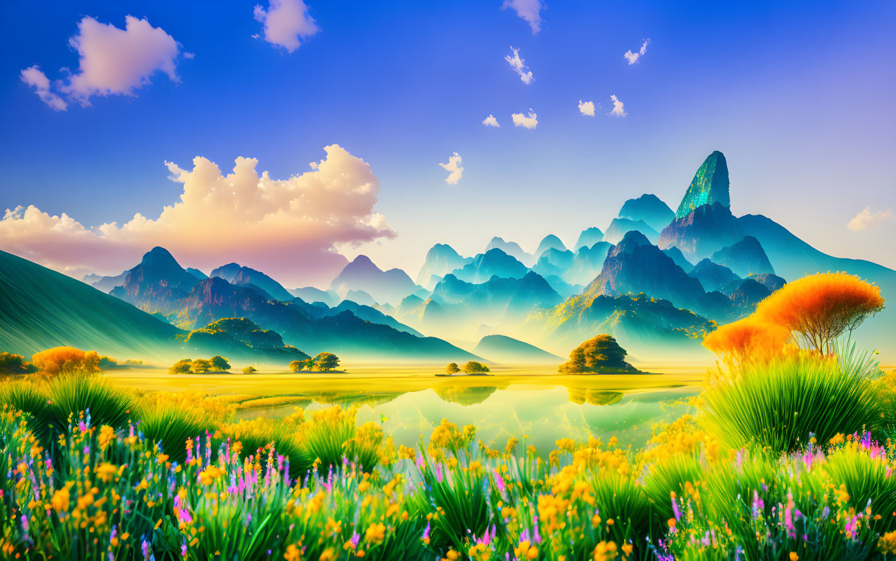 ai, watercolor aqua mountains, yellow-green field