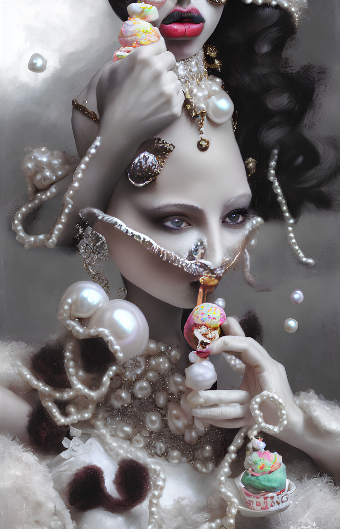 Extravagant portrait of woman with pearls, cupcakes, and dark hair in surreal backdrop