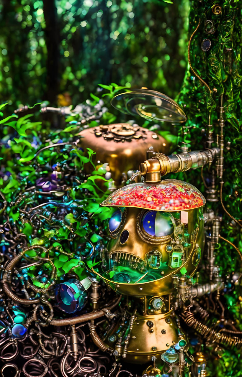 ornate golden steampunk skull with mushroom cap