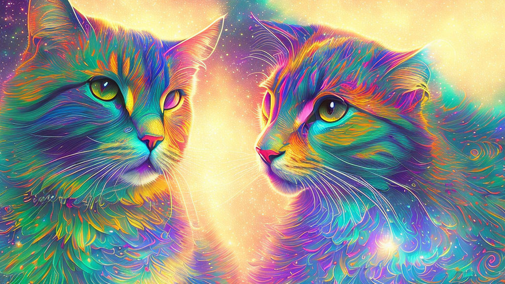 psychedelic iridescent twin cats, opalescent swirl