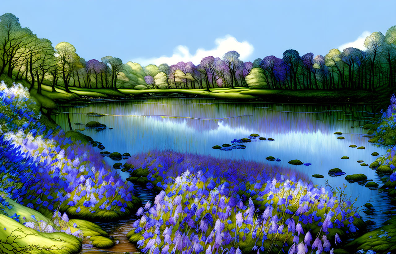 ai, bluebell woodland lake watercolor landscape