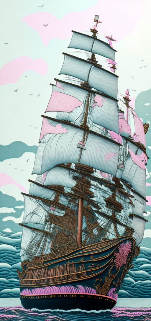 ai, ship at sea, aqua pink yggdrasil woodcut