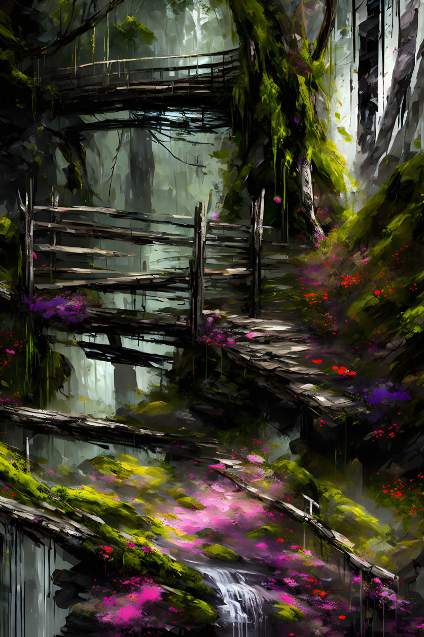 yossikotler oil painting, moss flowers rainforest