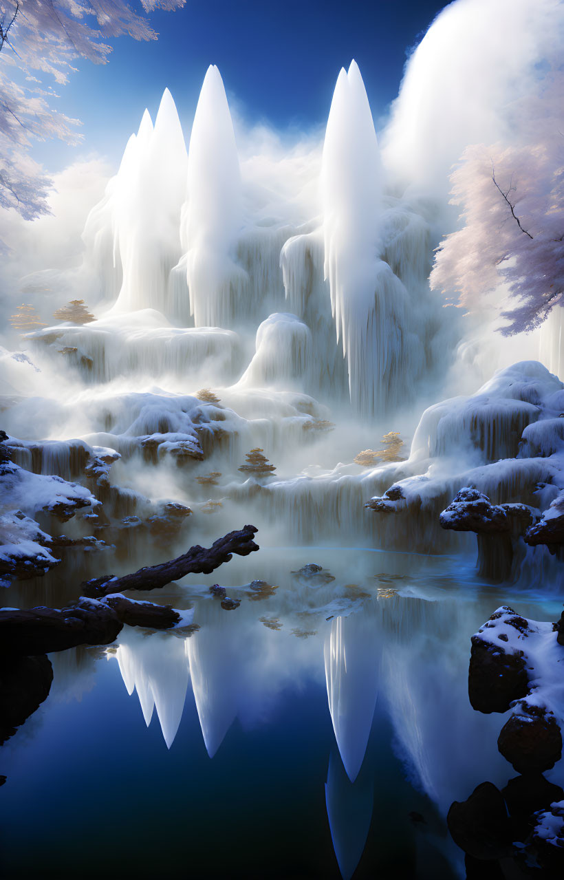 magical ethereal mist icicle forest lake landscape