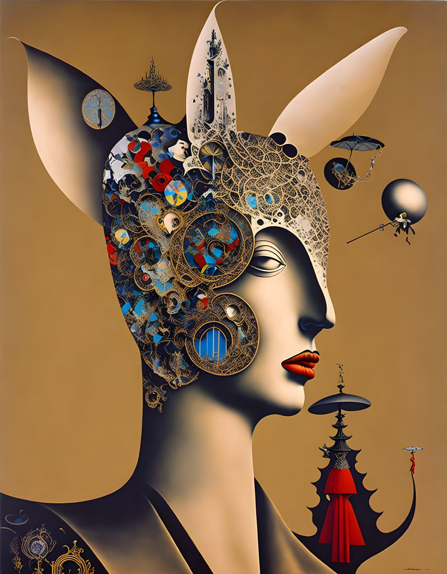 Surrealist painting: Woman's face with ornate mechanical headgear & intricate patterns