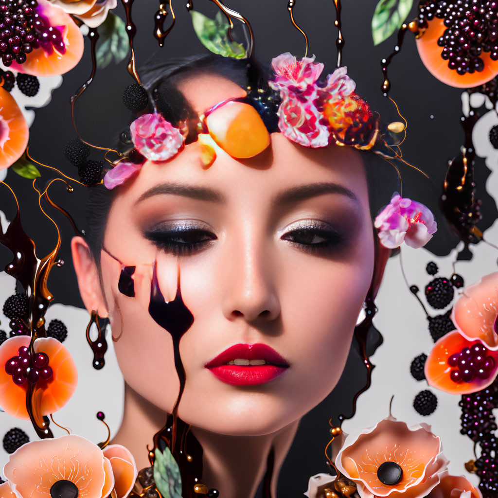 Portrait of Woman with Dramatic Makeup and Fruit & Flower Headpiece