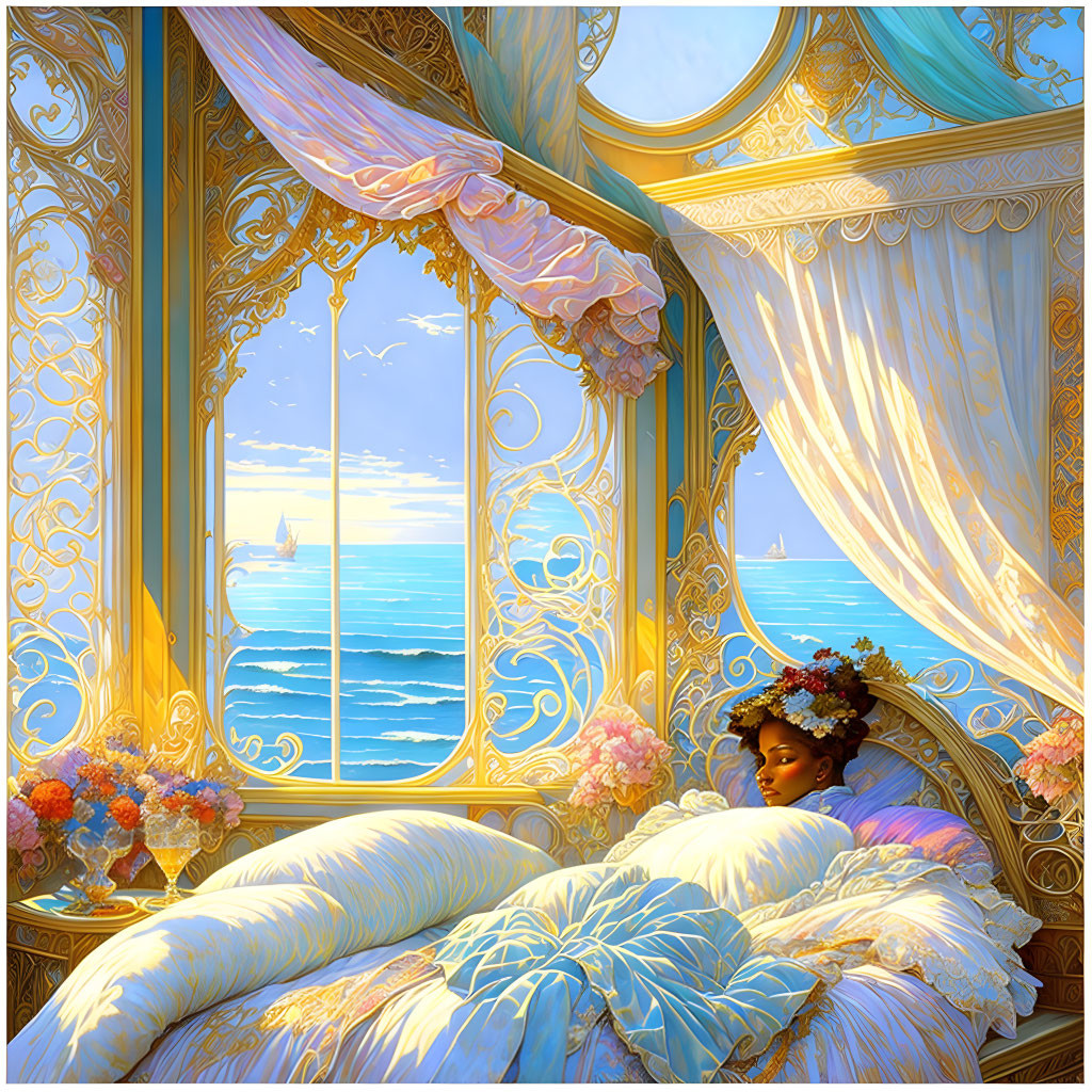 ai, ocean view room, painting, blue, white, gold