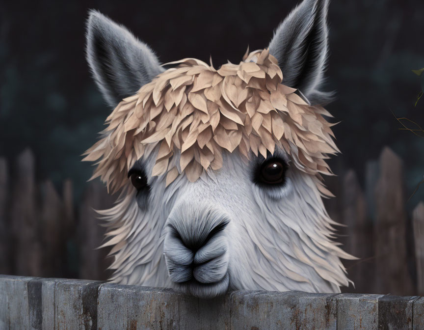 Detailed Close-Up Illustration of Cute Llama with Fluffy Fur Peeking Over Fence