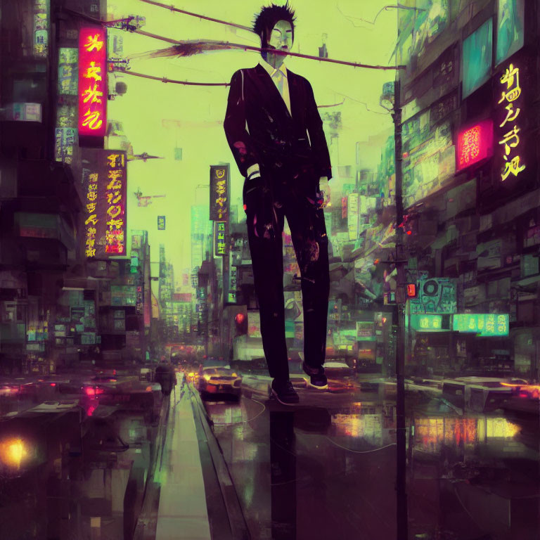 Confident individual in rain-soaked neon cityscape at dusk