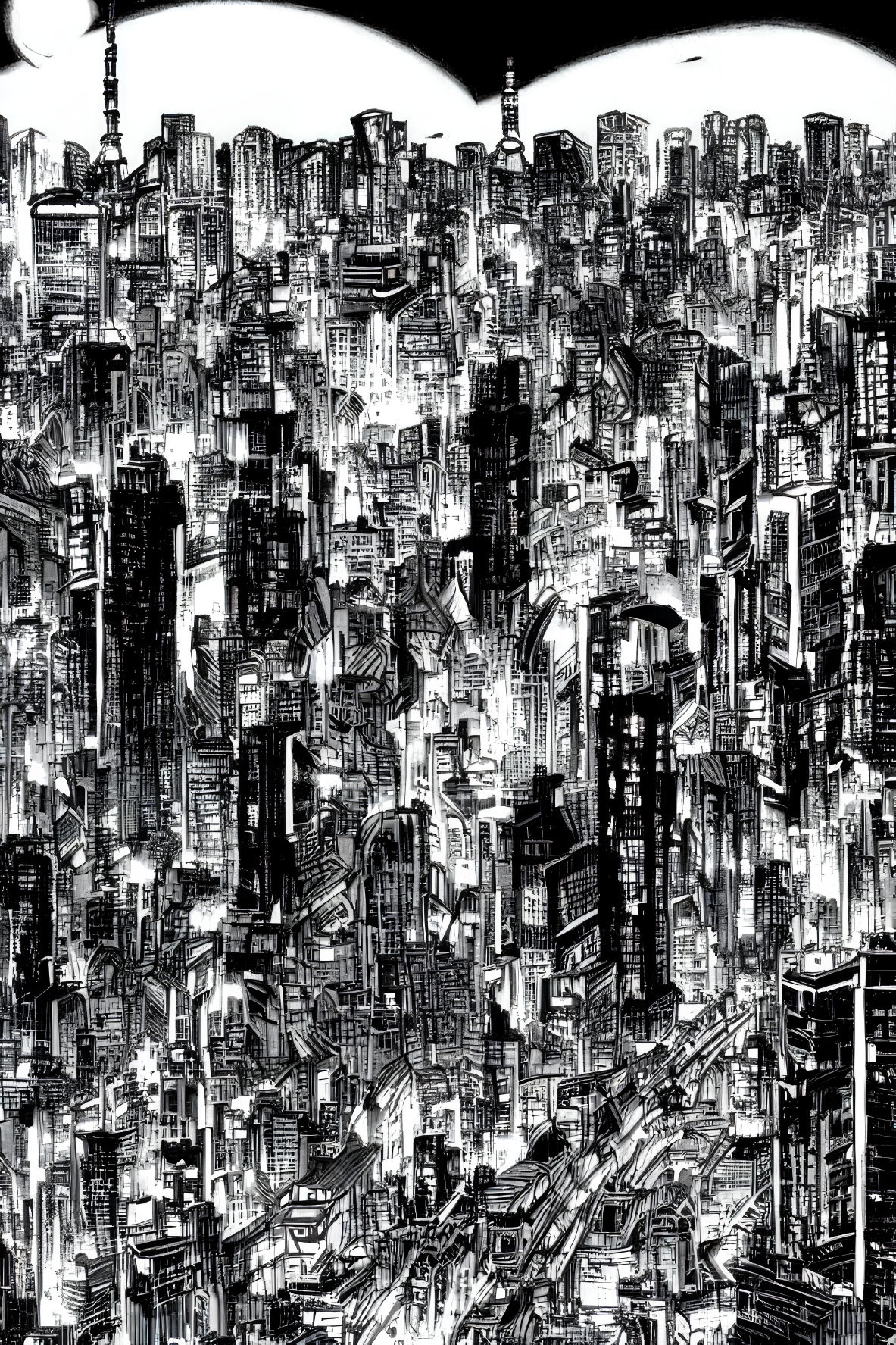 Detailed Monochrome Futuristic Cityscape Illustration