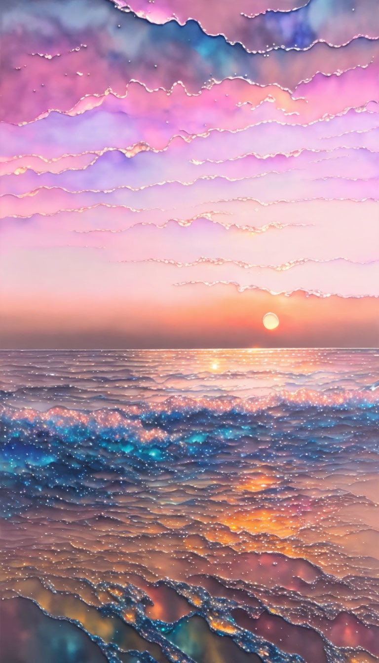 peach sunset, oil alcohol ink, subsurface sparkles