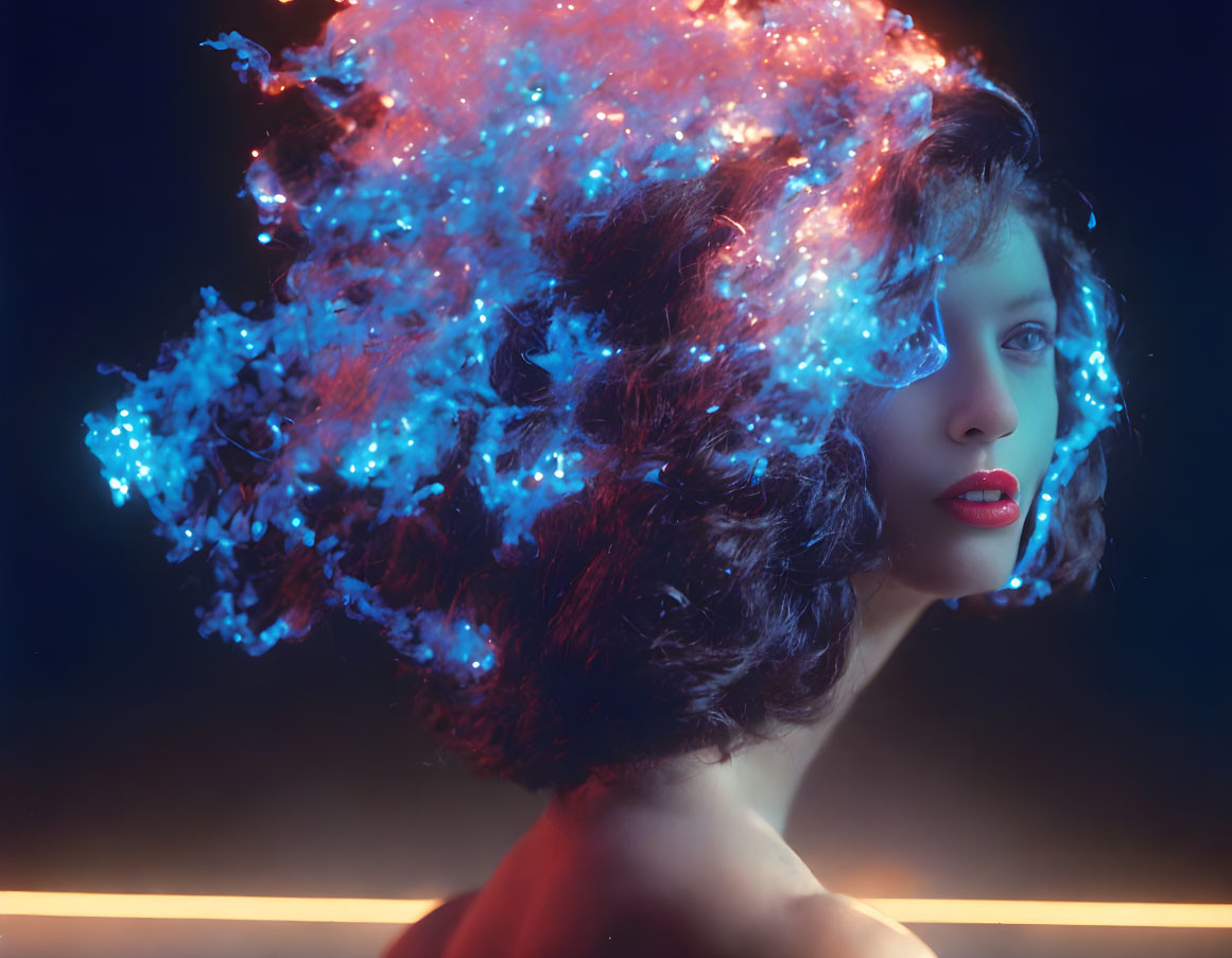 surreal blue fire hair woman, art photograph