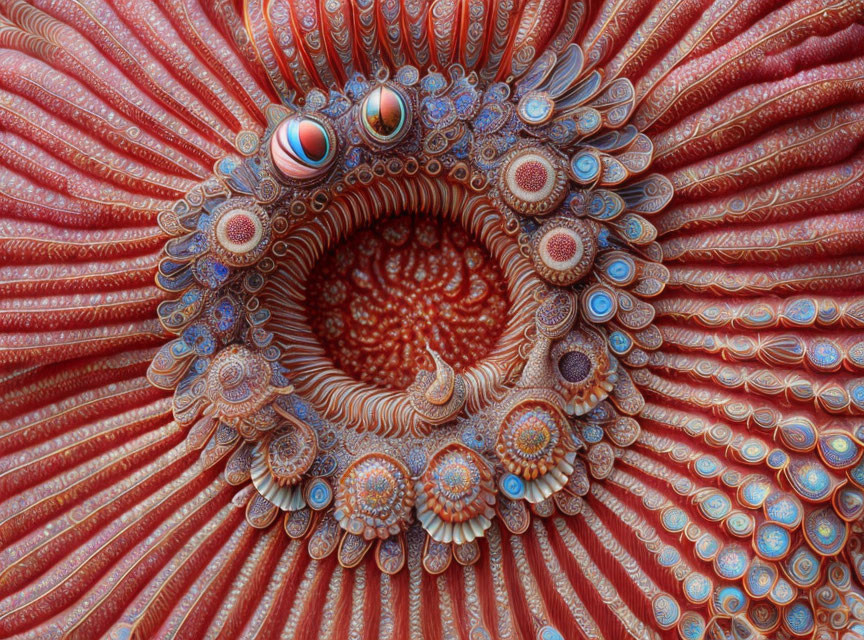 Intricate Fractal Design with Vibrant Patterns in Red, Blue, and Orange