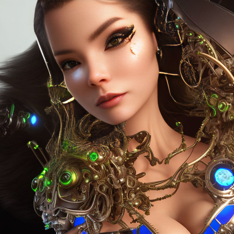 Digital artwork: Asian woman in gold and green cybernetic armor