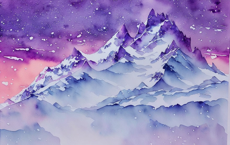Serene mountain range watercolor painting with purple and pink sky.