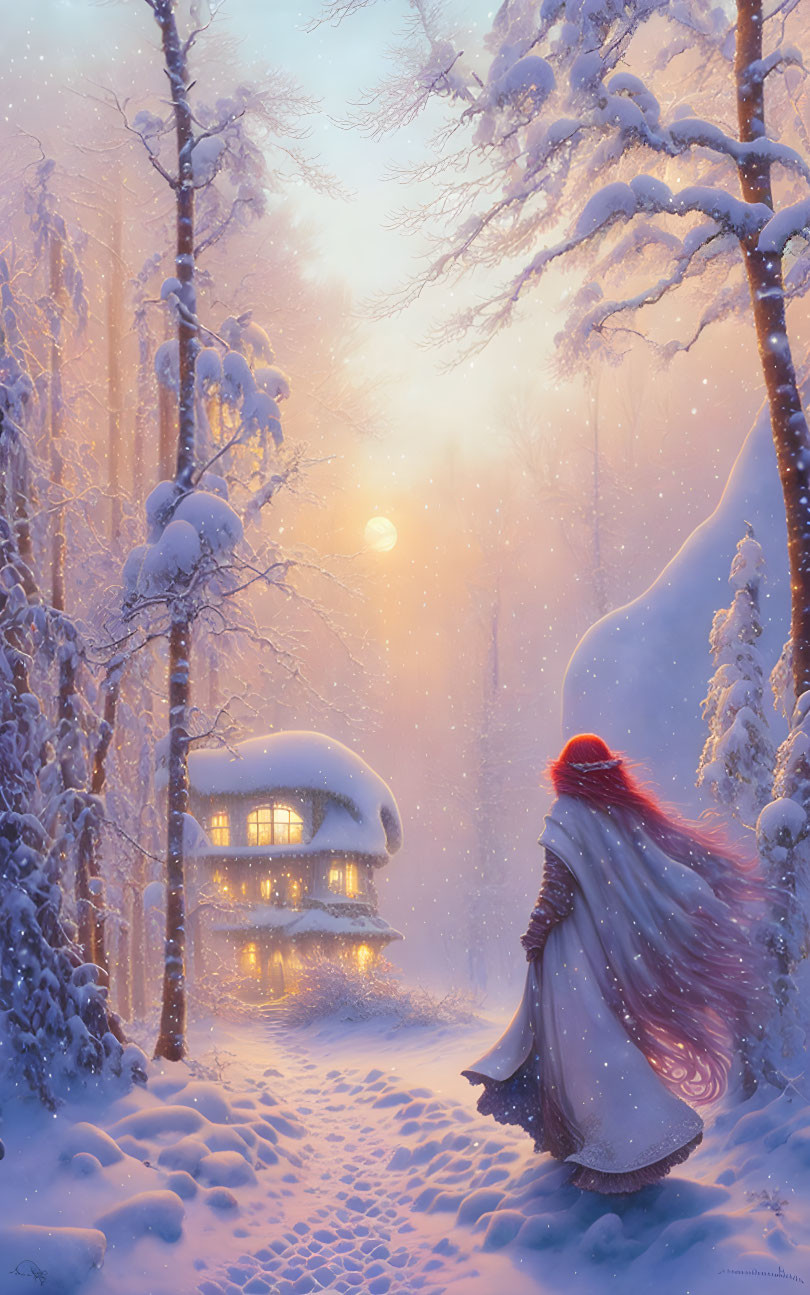 red haired woman in snowy surreal landscape