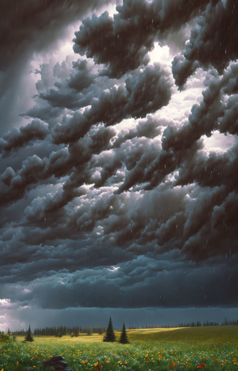 massive storm rain clouds, winterscape painting