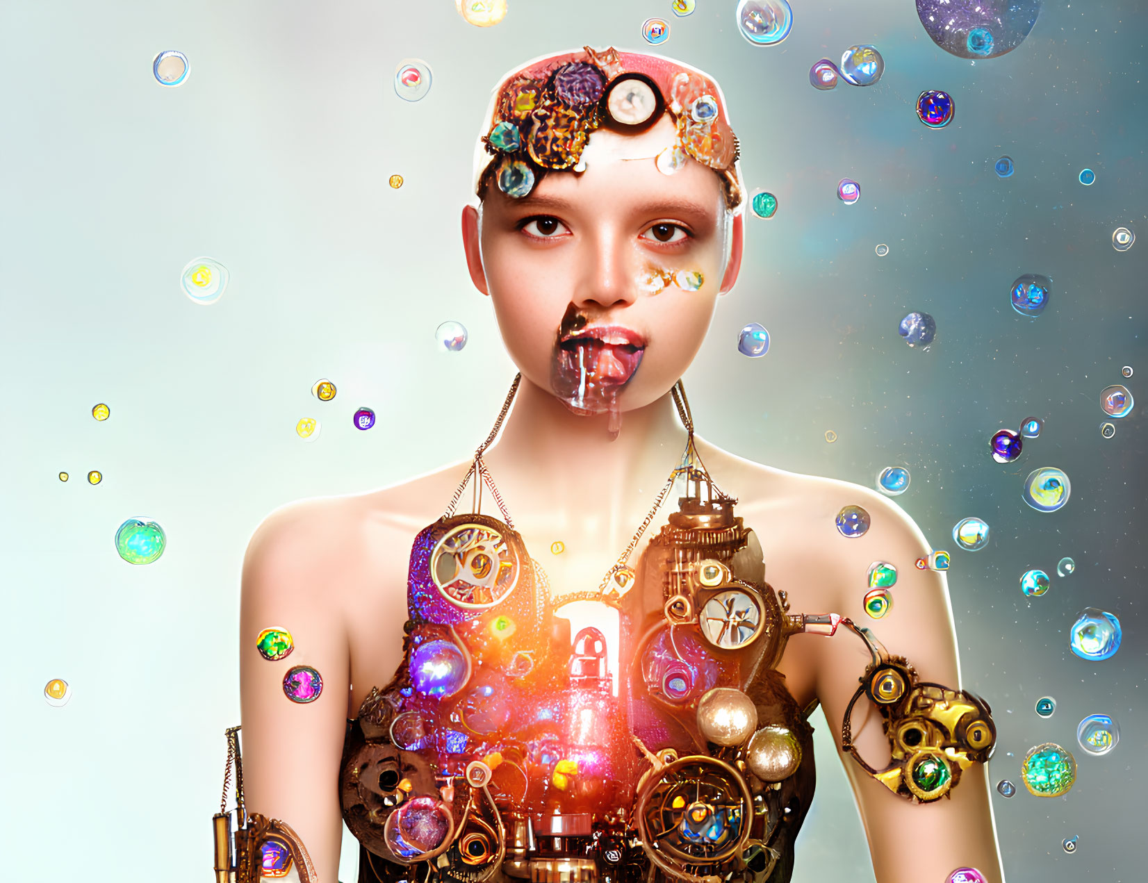 Steampunk-themed digital art with gear elements and floating bubbles