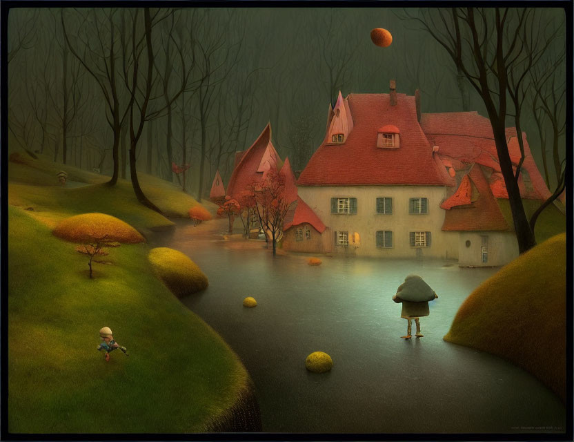 Whimsical landscape with large house, water, hills, trees, golden leaves, child fishing
