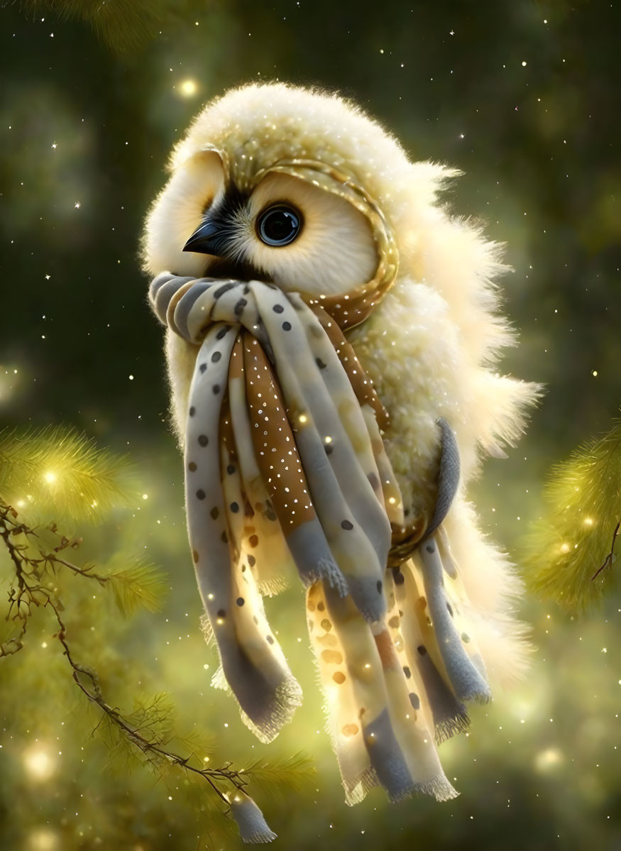 warm happy forest owlet in scarf, fantasy mist