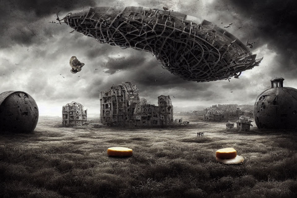 Surreal landscape with twisted architecture and sandwiches in desolate color scheme