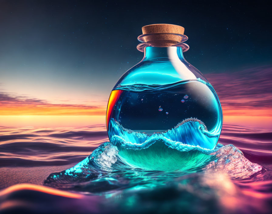 Glass potion bottle floating on water at sunset sky