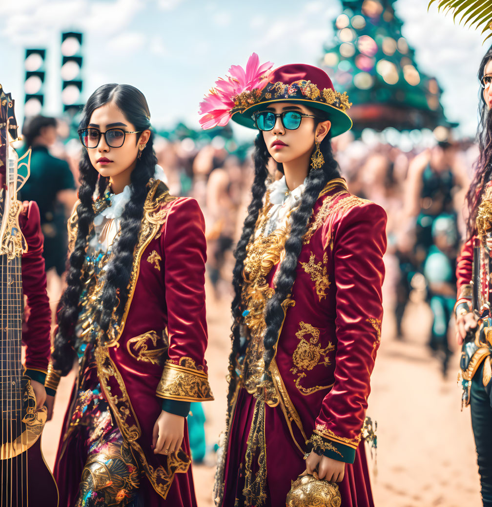 Pair in Red and Gold Costumes with Guitar at Cultural Event