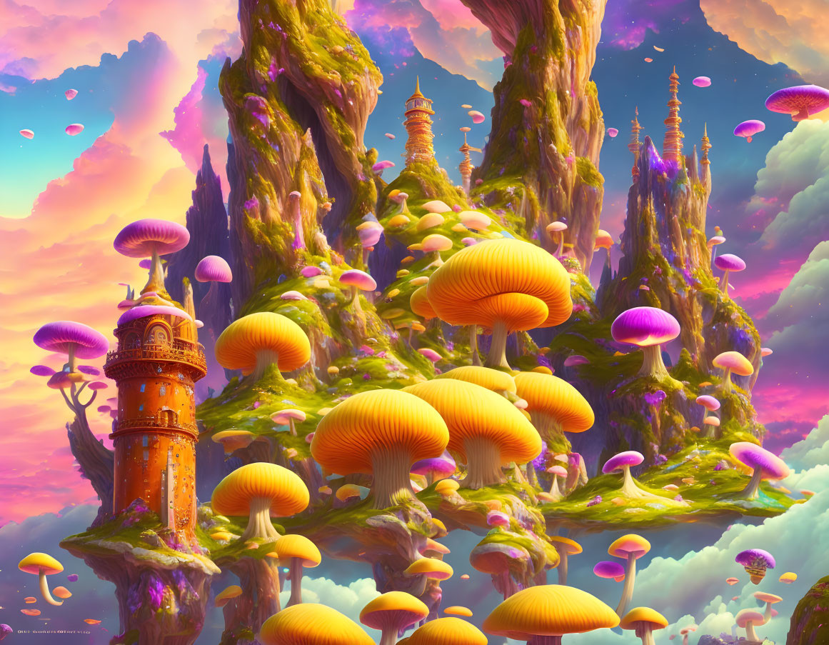 Colorful Fantasy Landscape with Mushroom Formations & Whimsical Architecture