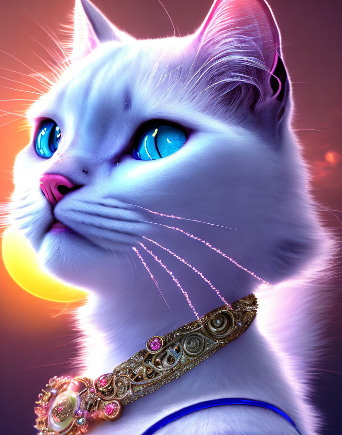 White Cat with Blue Eyes and Jeweled Collar on Warm Background