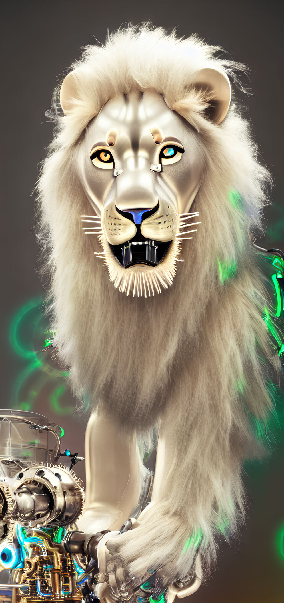 Digital artwork of lion with human-like pose and expression, blending organic and mechanical elements.