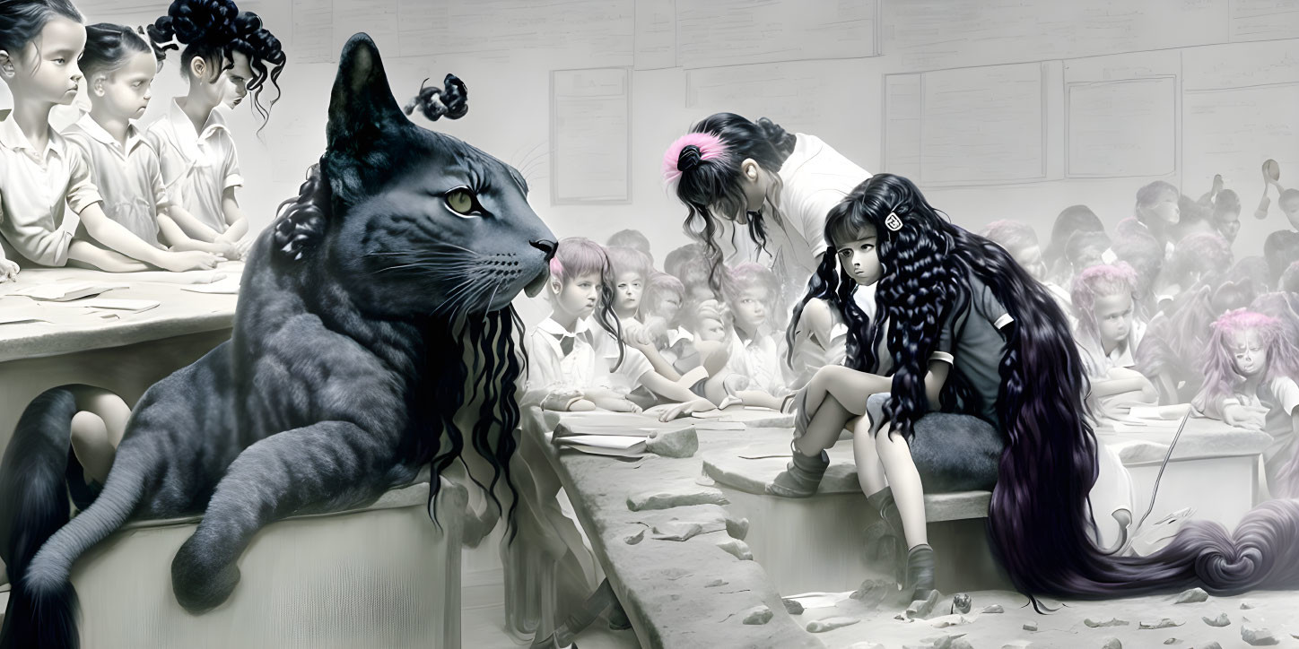 giant cat in surreal classroom