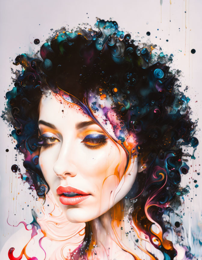 Vibrant surreal portrait of woman with colorful ink blending into hair
