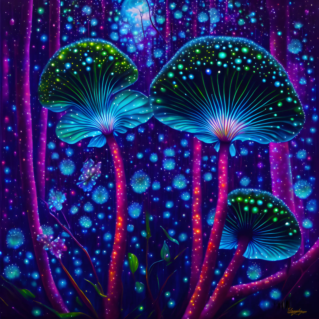 ai, bioluminescent flower, dew drops, night