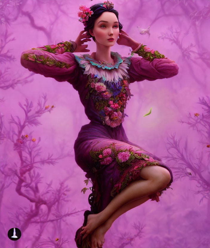 Digital art: Woman in floral attire on whimsical purple background