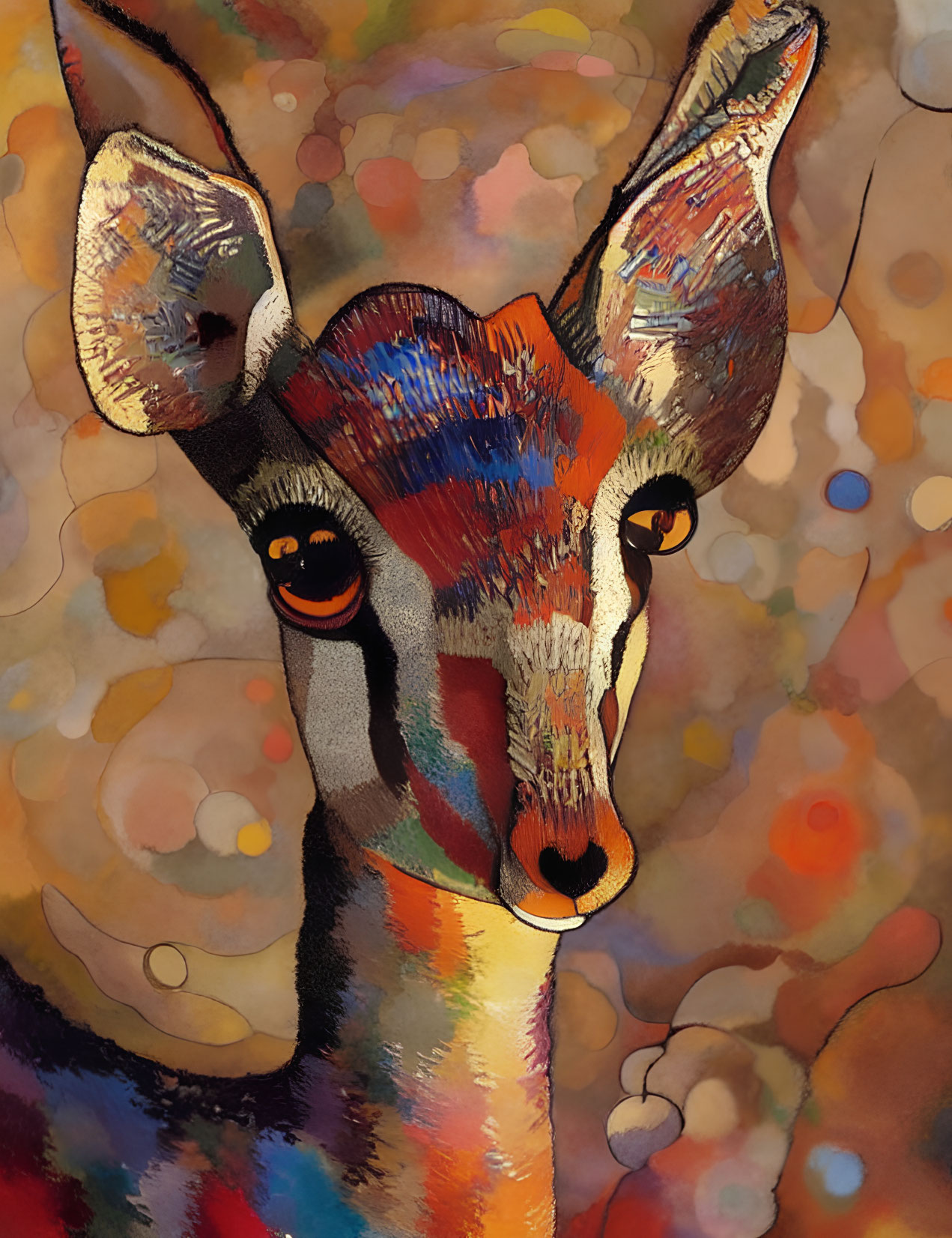 Vibrant deer head art with large eyes and stylized fur on dotted backdrop