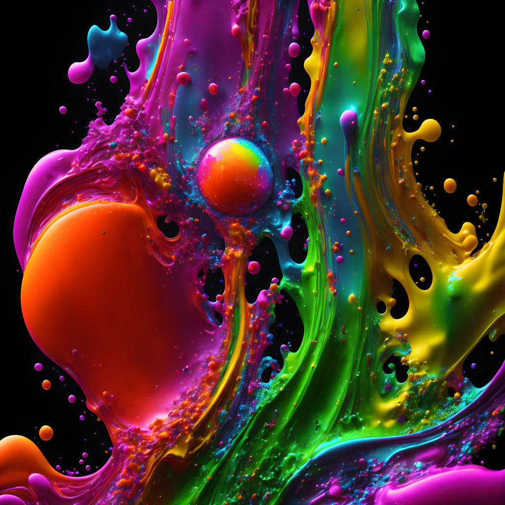 Neon-colored glossy liquid swirls around central sphere