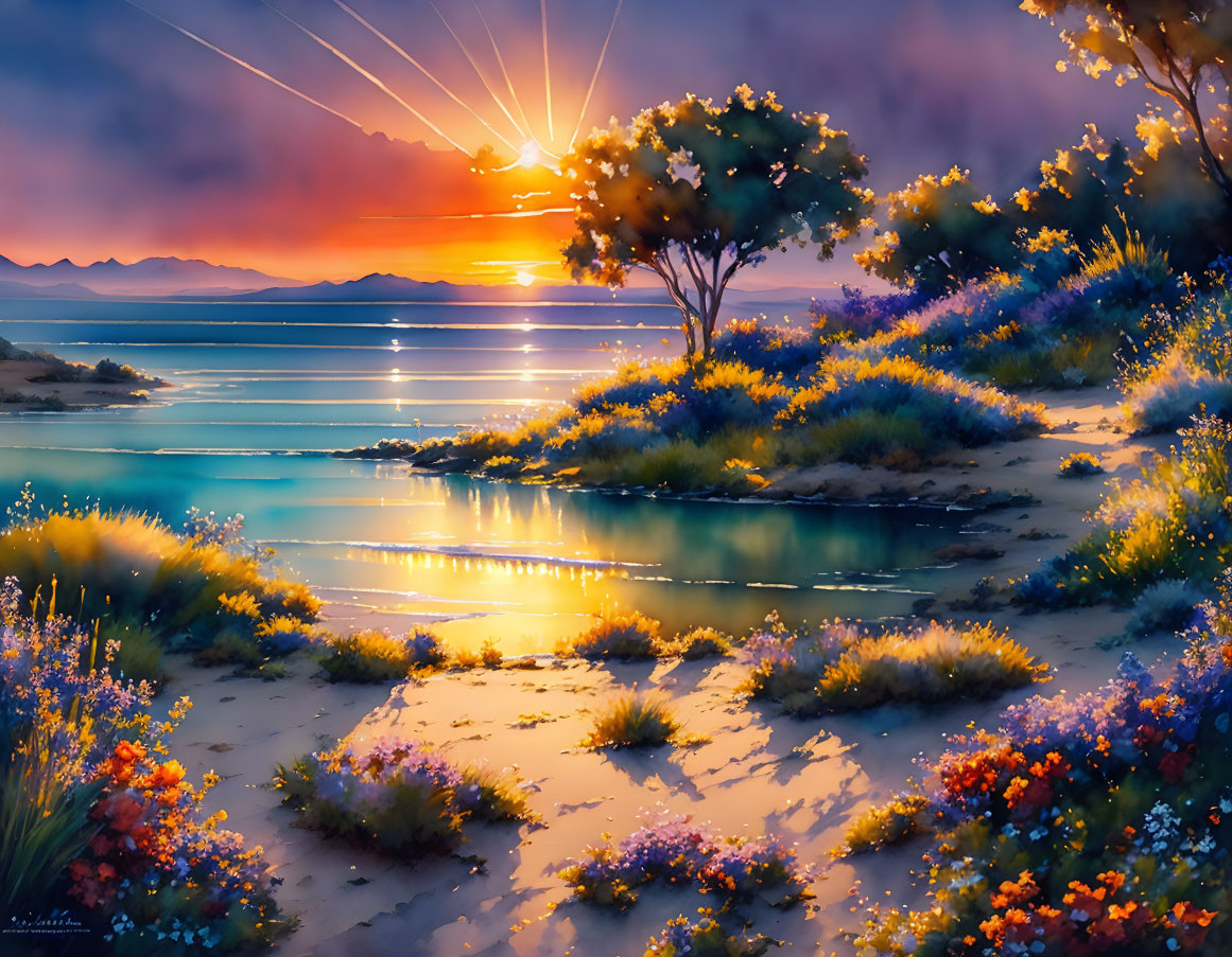 lalaland sunrise rays, landscape watercolor