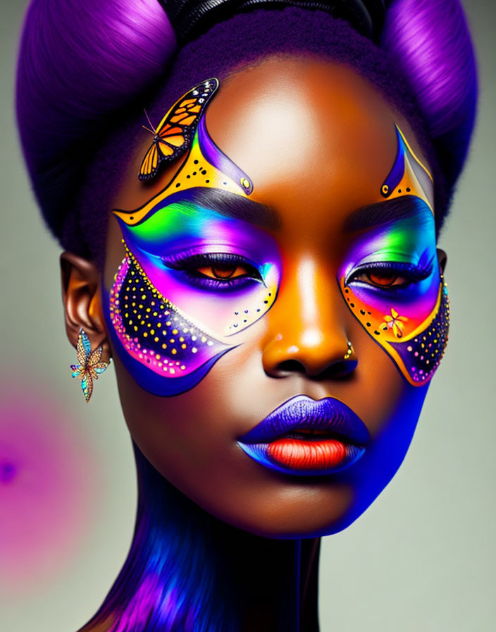 Colorful portrait featuring person with purple hair and butterfly-themed makeup