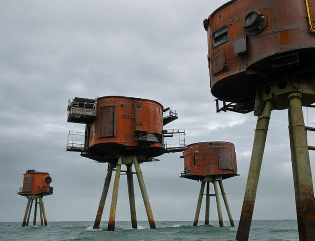 Abandoned sea forts with multiple legs under cloudy sky