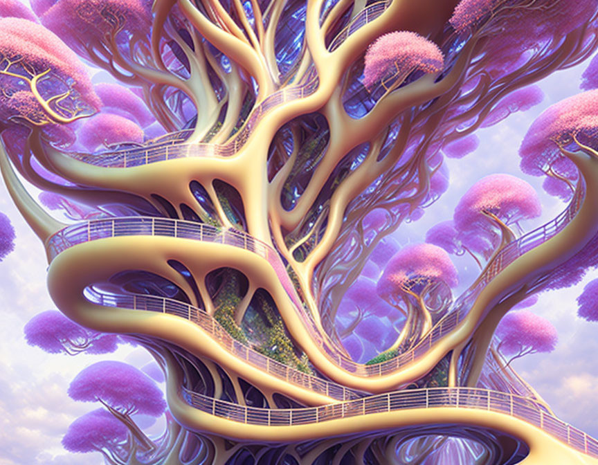 Violet-hued tree-like structure with pink foliage and winding pathways