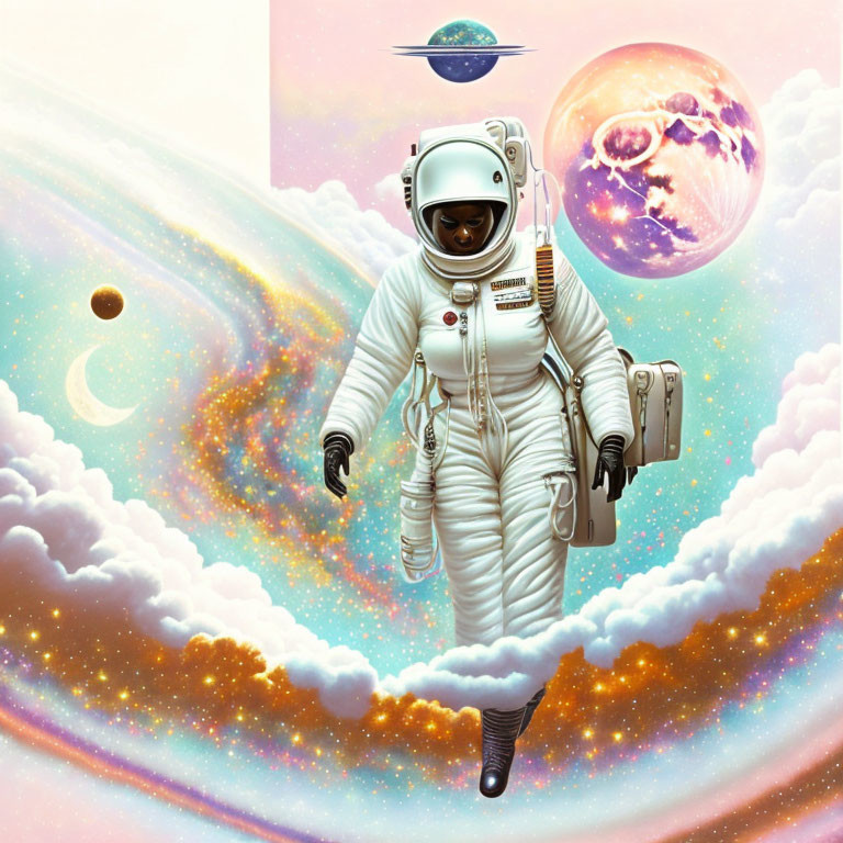Astronaut in white spacesuit floats in surreal pastel-colored space