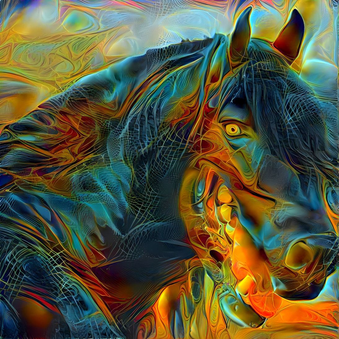 horse with dog mouth - green, orange