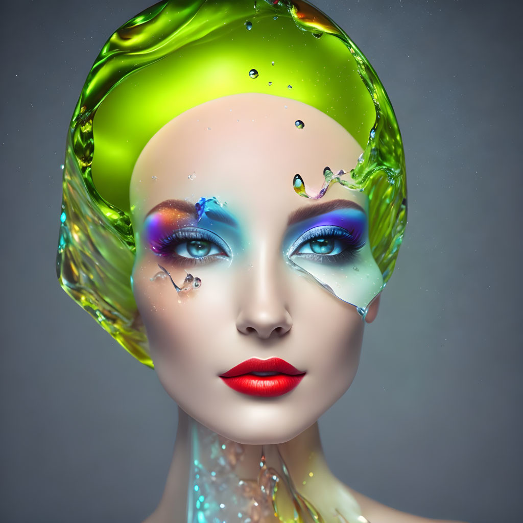 liquid, glass, sculpture, green hair woman