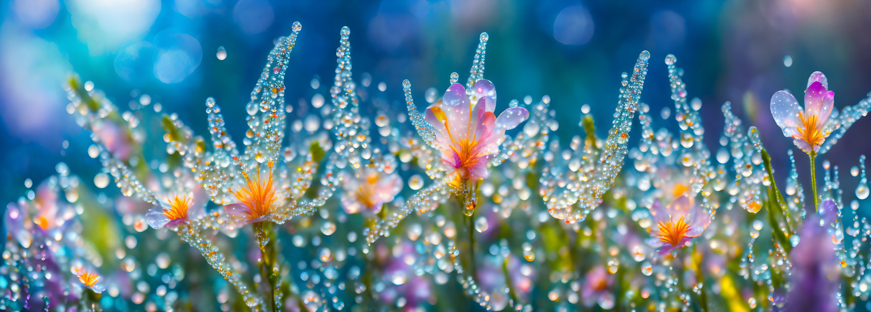 ai, flowers and dew drops in sunlight